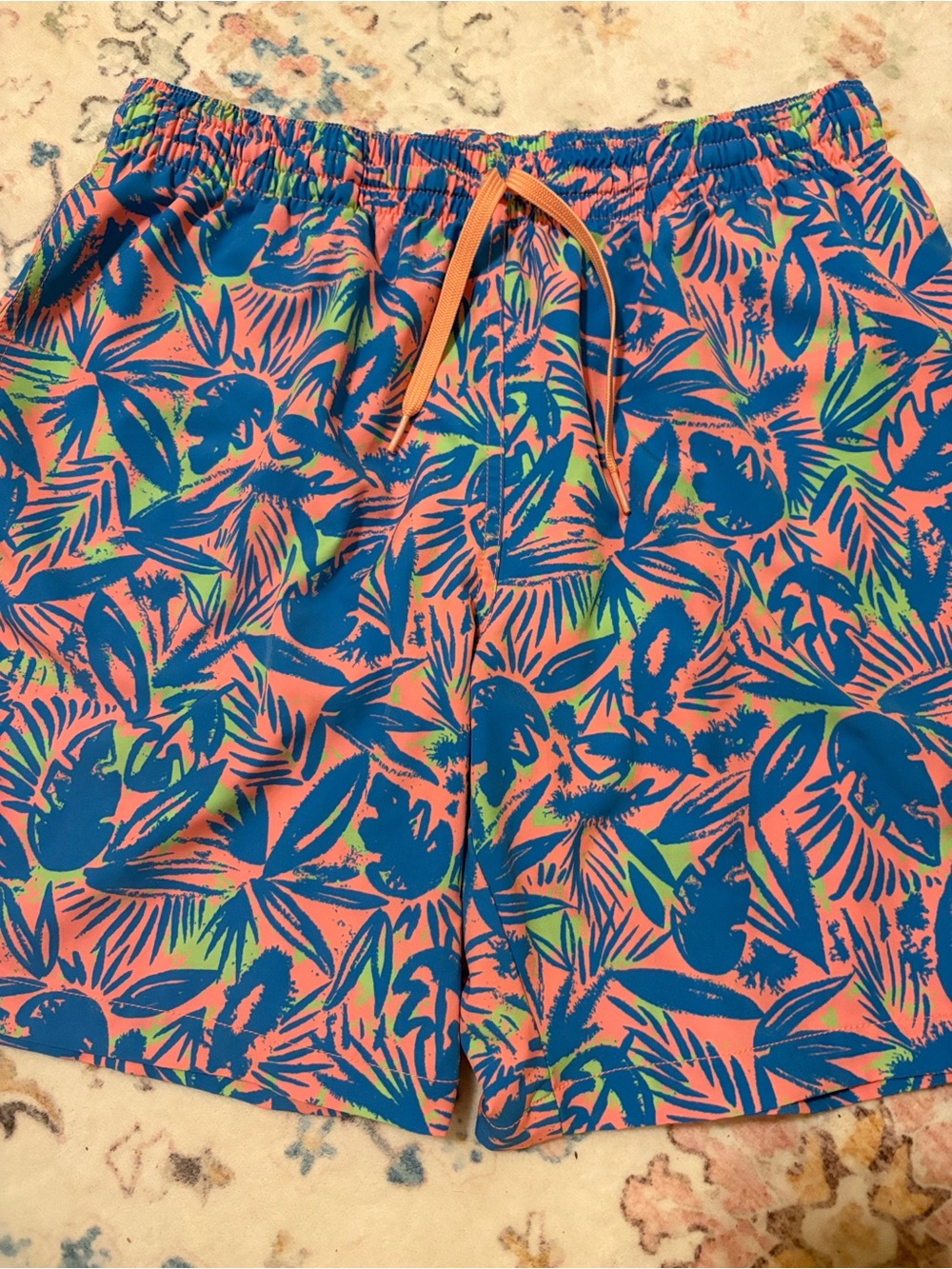 chubbies Neon Coral Swim Trunks with Blue & Lime Tropical Print. Size Men’s L